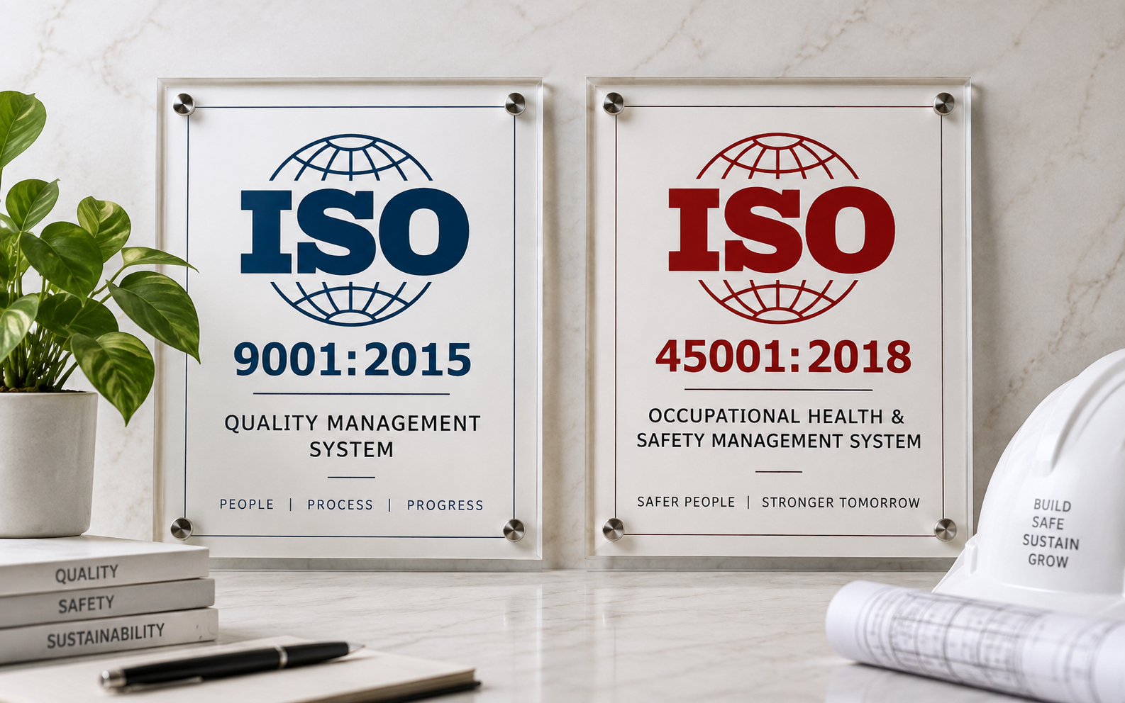 ISO 9001:2015 and ISO 45001:2018 certification badges