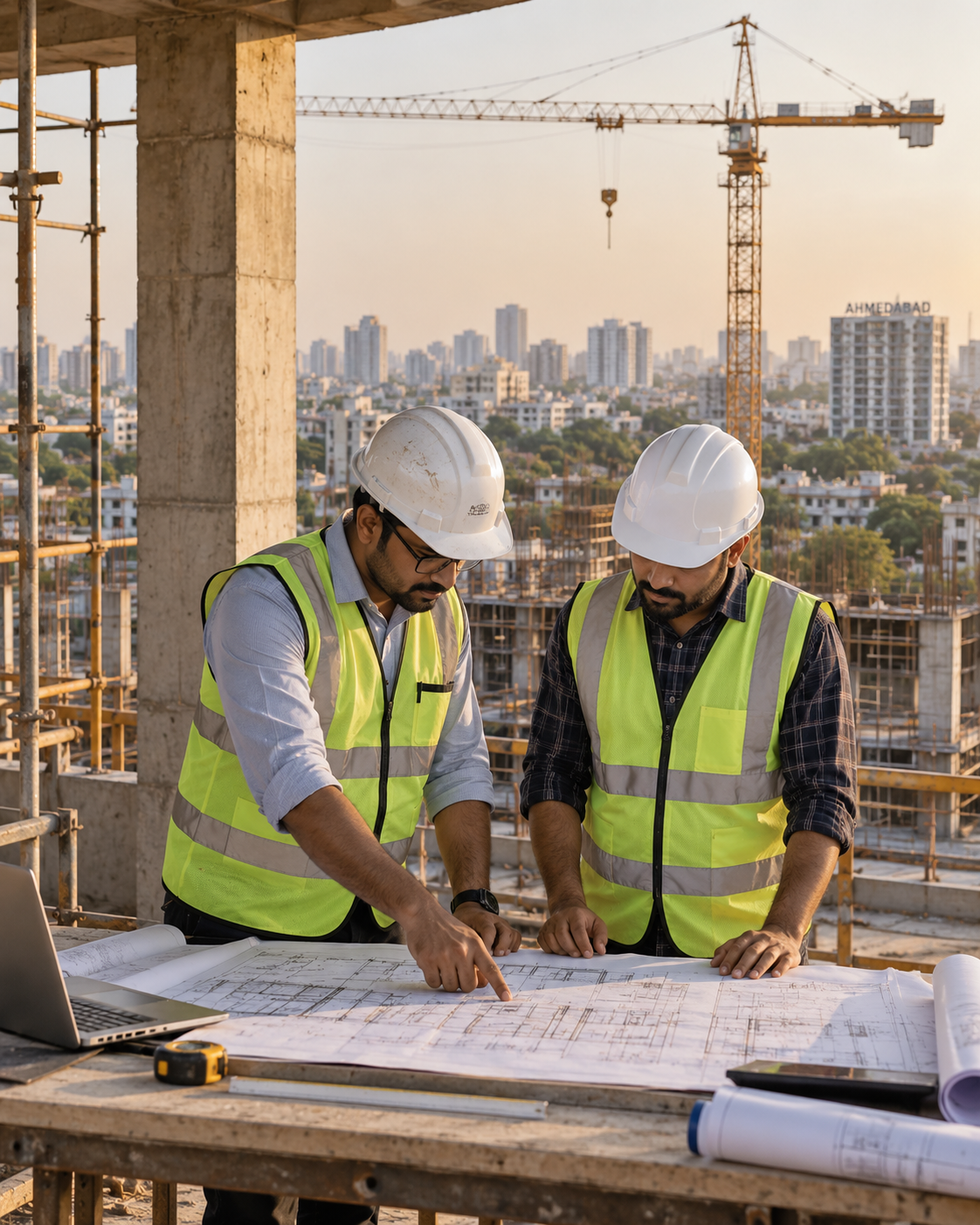 Founders or site leadership reviewing structural blueprints on-site