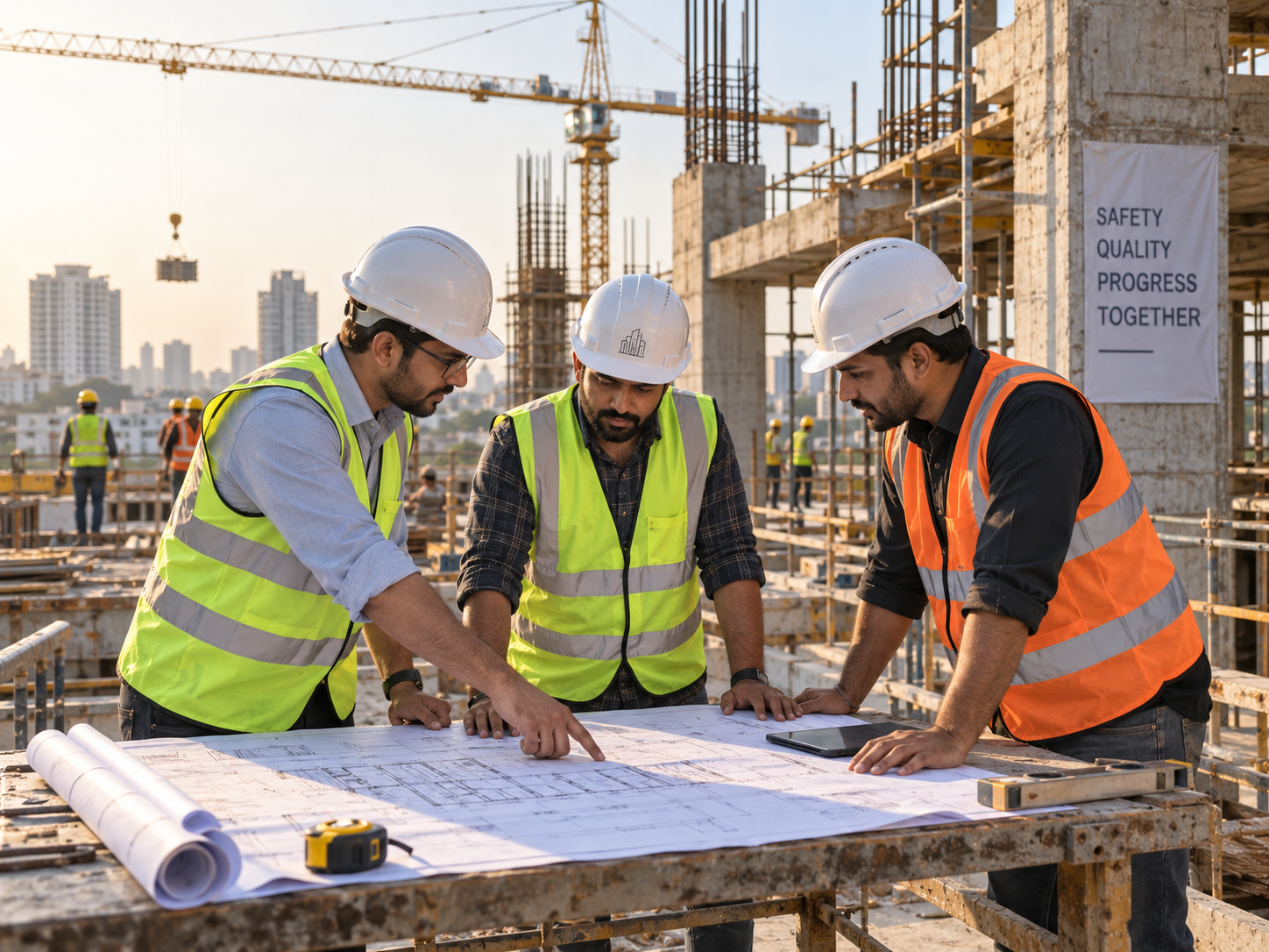 Skrutim Infra team members reviewing plans on site